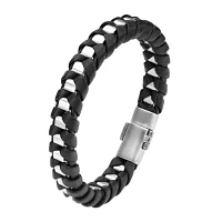 Inox® Jewelry Mens Stainless Steel & Black Leather Chain Bracelet