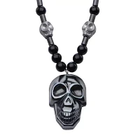 Inox® Jewelry Mens Hematite Skull With Black Agate Stainless Steel Bead Pendant