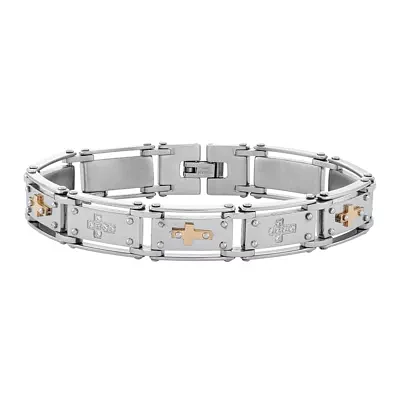 Mens Cubic Zirconia Stainless Steel Cross Chain Bracelet