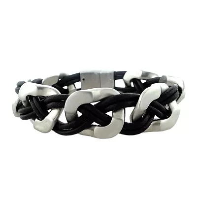 Mens Stainless Steel & Leather Bracelet