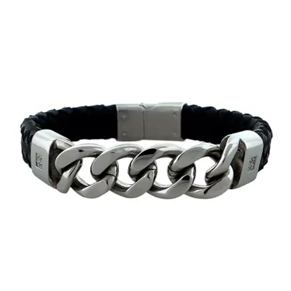 Mens Cubic Zirconia Stainless Steel & Leather Bracelet