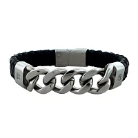 Mens Cubic Zirconia Stainless Steel & Leather Bracelet