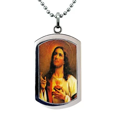 Mens Stainless Steel Sacred Heart of Jesus Dog Tag Pendant