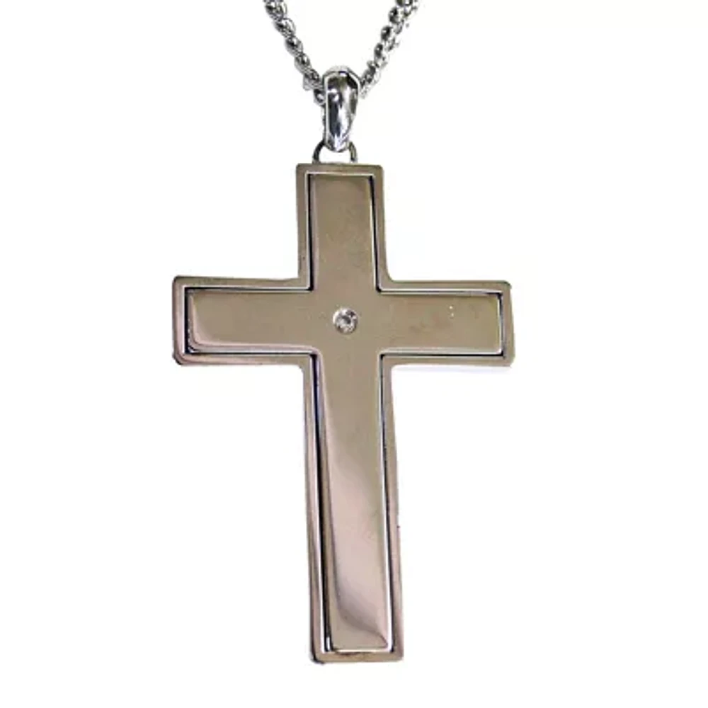 Mens Cubic Zirconia Stainless Steel Lords Prayer Cross Pendant