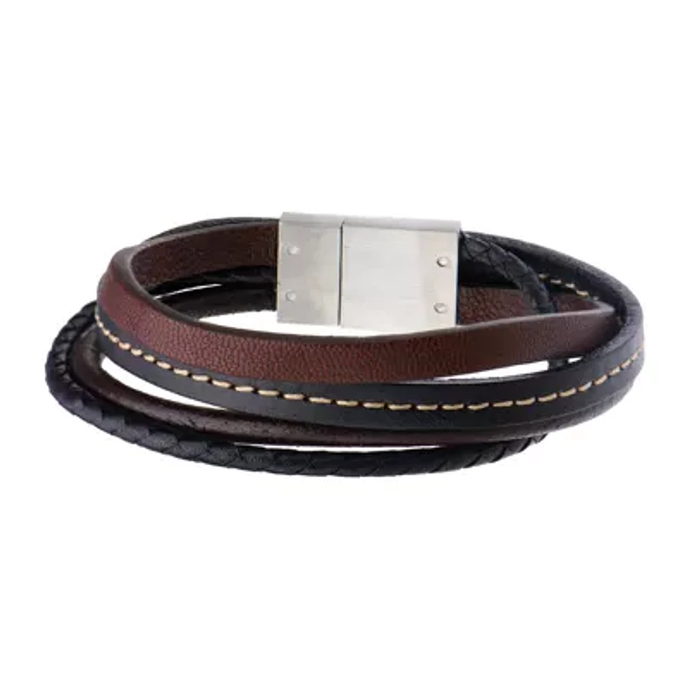 Inox® Jewelry Mens Stainless Steel & Leather Layered Bracelet