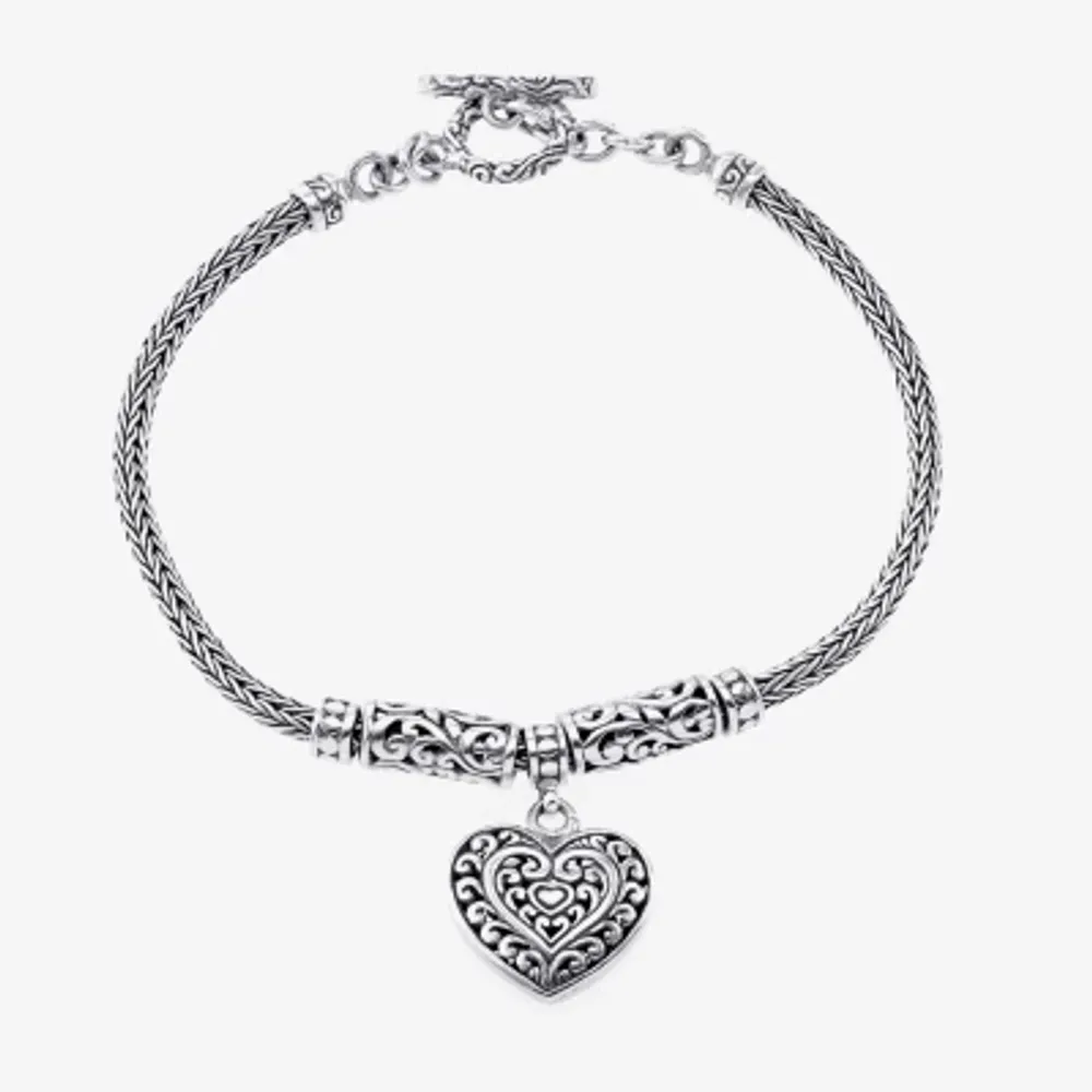 Bali Inspired Sterling Silver Heart Charm Bracelet