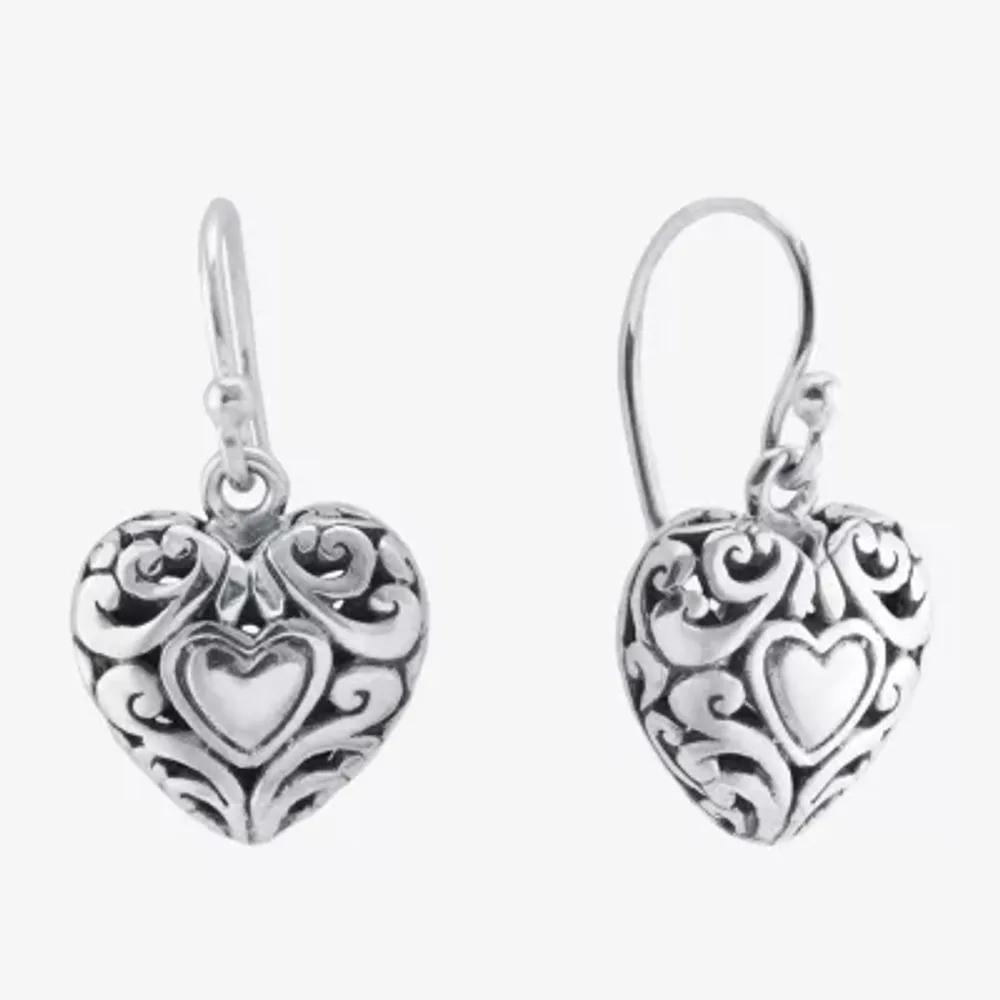 Bali Inspired Womens Sterling Silver Heart Drop Earrings
