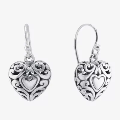 Bali Inspired Womens Sterling Silver Heart Drop Earrings