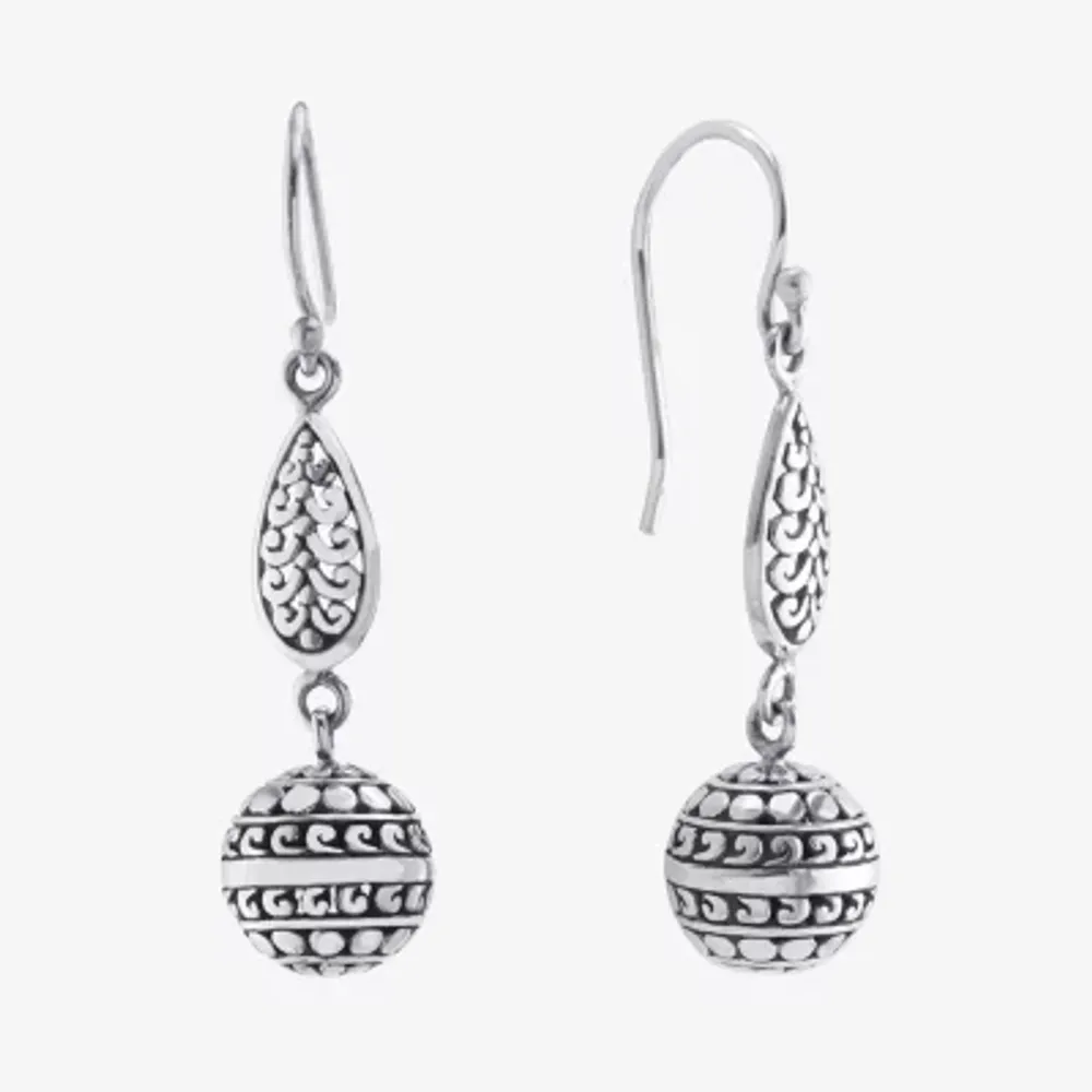 Bali Inspired Sterling Silver Ball Round Drop Earrings