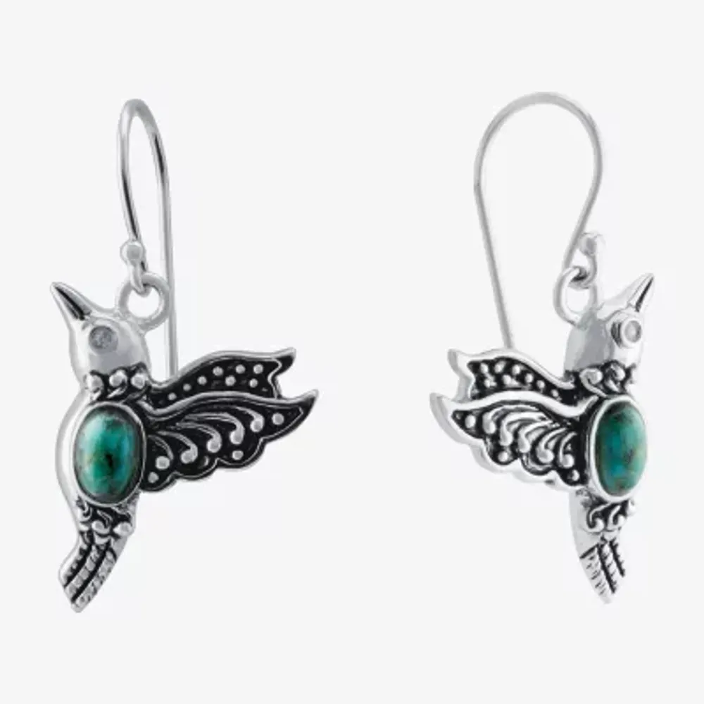 Hummingbird Enhanced Blue Turquoise Sterling Silver Round Drop Earrings