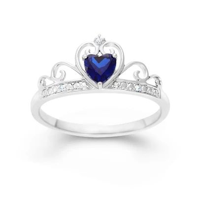 Sterling Silver Lab Created Blue Sapphire & Simulated Diamond Crown Ring