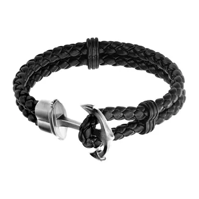 Inox® Jewelry Mens Stainless Steel Anchor & Leather Bracelet