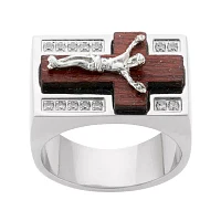 Mens Cubic Zirconia Stainless Steel & Wood Crucifix Ring