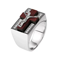 Mens Cubic Zirconia Stainless Steel & Wood Crucifix Ring