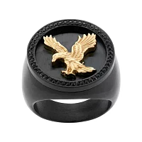 Mens Crystal Stainless Steel & Black IP Eagle Signet Ring