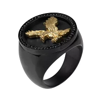 Mens Crystal Stainless Steel & Black IP Eagle Signet Ring