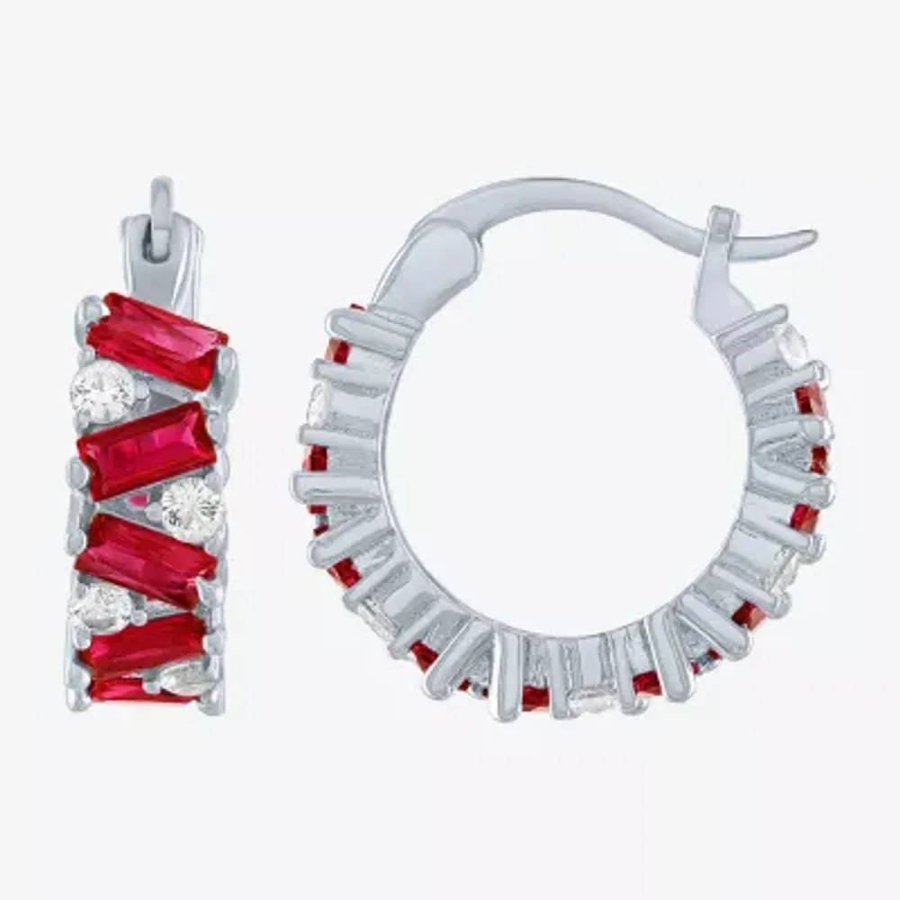 Lab Created Red Ruby Sterling Silver Hoop Earrings