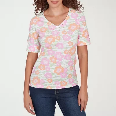 Hearts Of Palm Womens V Neck Elbow Sleeve T-Shirt