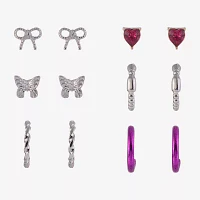 Arizona Silver Tone & Pink Womens Bow Butterfly Heart 6 Pair Earring Set