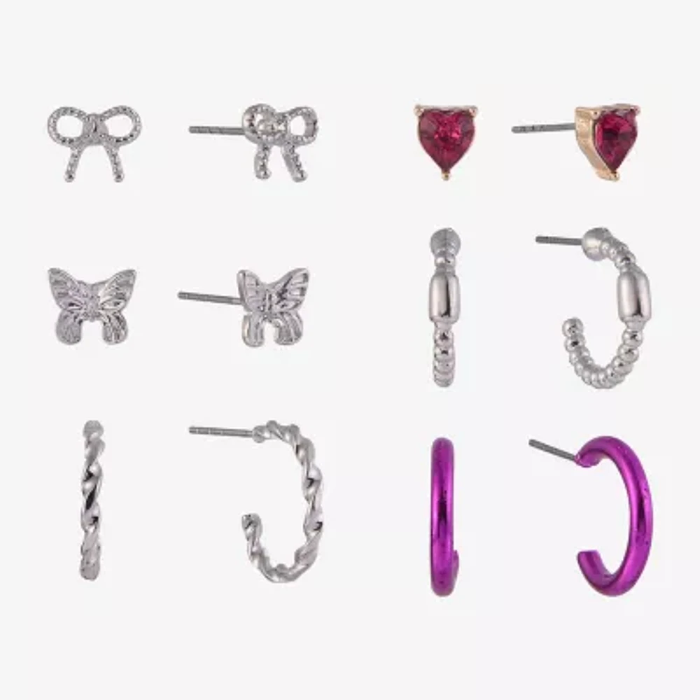 Arizona Silver Tone & Pink Womens Bow Butterfly Heart 6 Pair Earring Set