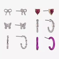 Arizona Silver Tone & Pink Womens Bow Butterfly Heart 6 Pair Earring Set