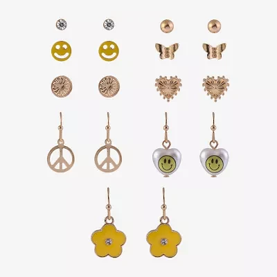 Arizona Gold Tone Daisy Womens Butterfly Flower Heart 6 Pair Earring Set