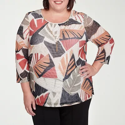 Alfred Dunner Natural Instinct Womens Plus Crew Neck 3/4 Sleeve Stretch Fabric T-Shirt
