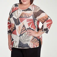 Alfred Dunner Natural Instinct Womens Plus Crew Neck 3/4 Sleeve Stretch Fabric T-Shirt