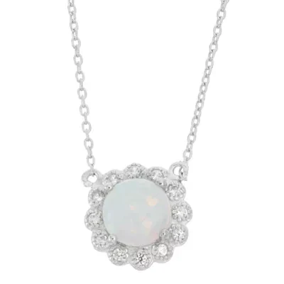 Lab Created Opal & White Sapphire Sterling Silver Halo Necklace