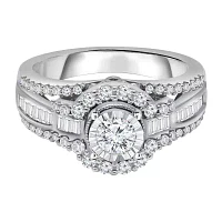 Womens 1 CT. T.W. Natural White Diamond 10K White Gold Round Side Stone Engagement Ring