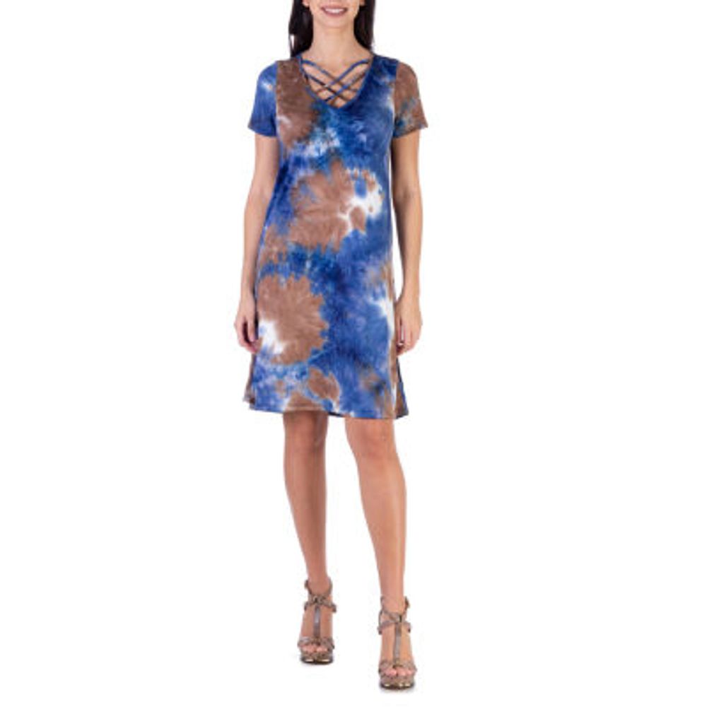 24seven Comfort Apparel Short Sleeve Tie Dye A-Line Dress