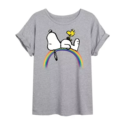 Juniors Snoopy And Woodstock Rainbow Womens Crew Neck Short Sleeve Graphic T-Shirt