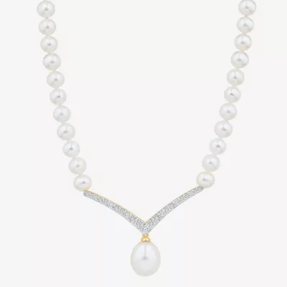 Womens Lab Created White Cultured Freshwater Pearl 14K Gold Over Silver Sterling Silver Chevron Pendant Necklaces