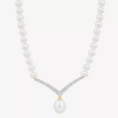 Womens Lab Created White Cultured Freshwater Pearl 14K Gold Over Silver Sterling Silver Chevron Pendant Necklaces