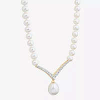 Womens Lab Created White Cultured Freshwater Pearl 14K Gold Over Silver Sterling Silver Chevron Pendant Necklaces