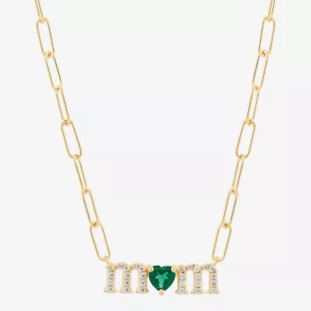 "Mom" Womens Lab Created Green Emerald 14K Gold Over Silver Sterling Silver Heart 18 Inch Pendant Necklace