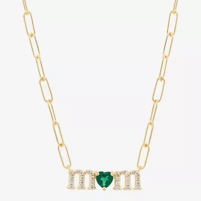 "Mom" Womens Lab Created Green Emerald 14K Gold Over Silver Sterling Silver Heart 18 Inch Pendant Necklace