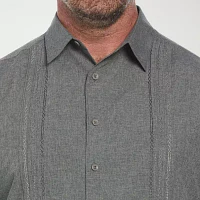 Cubavera Chambray Geo Embroidery Big and Tall Mens Regular Fit Short Sleeve Panel Button-Down Shirt