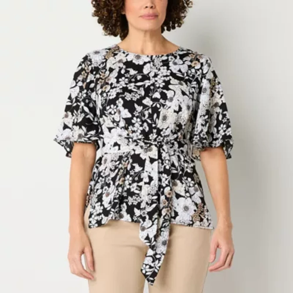 Liz Claiborne Tall Womens Keyhole Neck Short Sleeve Satin Blouse