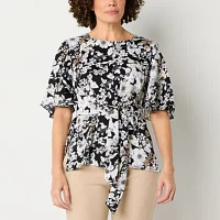 Liz Claiborne Tall Womens Keyhole Neck Short Sleeve Satin Blouse