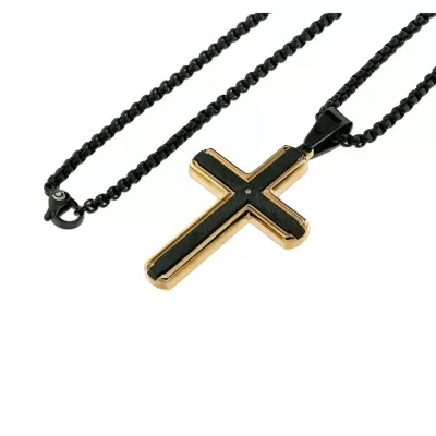 Mens Mined White Diamond Stainless Steel Cross Pendant Necklace