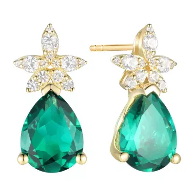 Lab Created Green Emerald 14K Gold Over Silver Flower Pear Drop Earrings