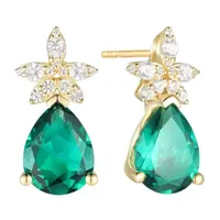 Lab Created Green Emerald 14K Gold Over Silver Flower Pear Drop Earrings