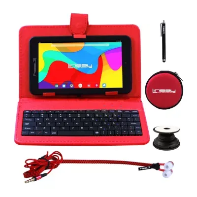 7" Quad Core 2GB RAM 32GB Storage Android 12 Tablet with Red Leather Keyboard/ Earphones/ Pop Holder and Pen Stylus"