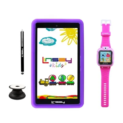 7" Quad Core 2GB RAM 32GB Storage Android 12 Tablet with Purple Kids Defender Case, Pop Holder, Pen Stylus and Kids Smart Watch Pink