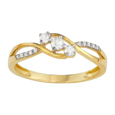 Womens 1/5 CT. Natural White Diamond 10K Gold 3-Stone Crossover Cocktail Ring