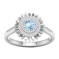 Womens Genuine Blue Aquamarine Sterling Silver Round Halo Cocktail Ring