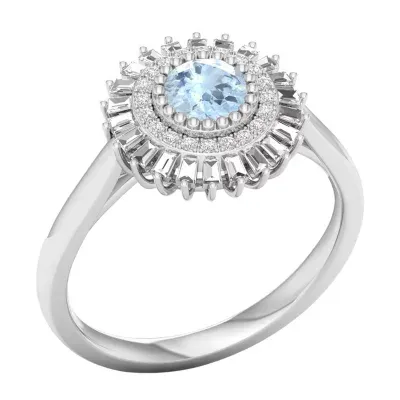 Womens Genuine Blue Aquamarine Sterling Silver Round Halo Cocktail Ring