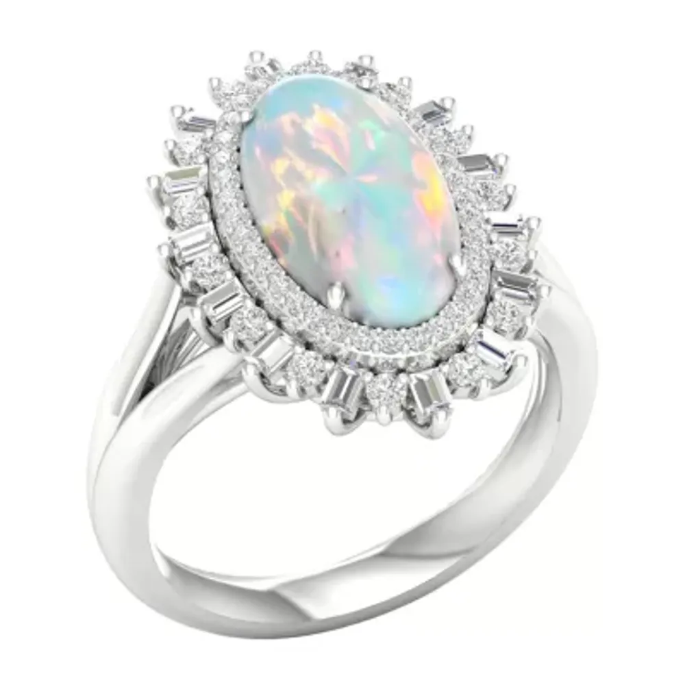 Womens Lab Created White Opal Sterling Silver Halo Cocktail Ring