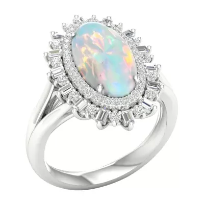 Womens Lab Created White Opal Sterling Silver Halo Cocktail Ring